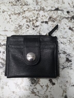 Tahari Black Textured Leather Snap Card Wallet with Zip